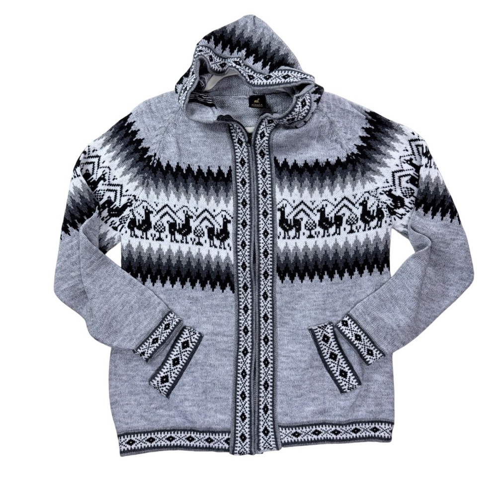 Alpaca Warehouse Zip Up Hooded Sweater Unisex Large Gray Llama Fair Isle Peru